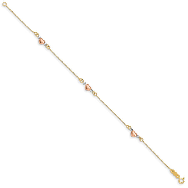 14KT Gold Tri-Color 7.25-inch 5MM Fancy Heart Bracelet