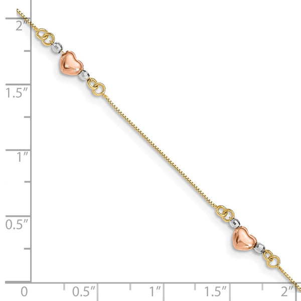 14KT Gold Tri-Color 7.25-inch 5MM Fancy Heart Bracelet