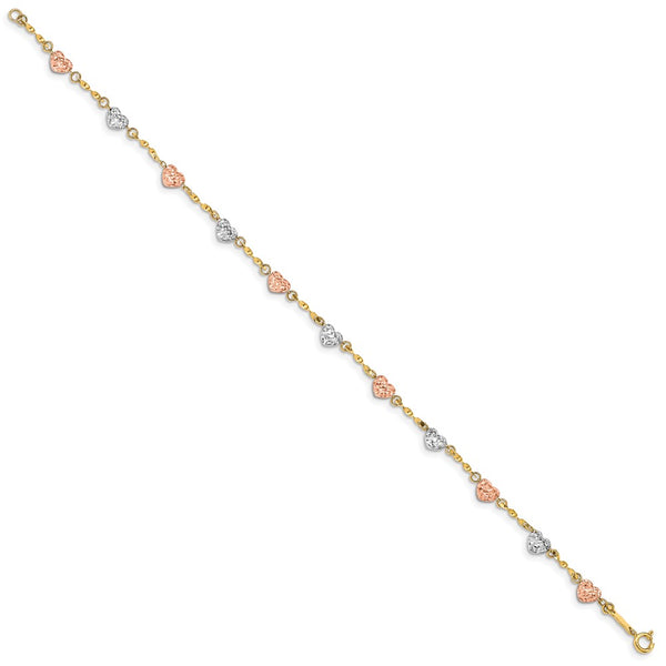 14KT Gold Tri-Color 7-inch 4MM Fancy Diamond-cut Heart Bracelet