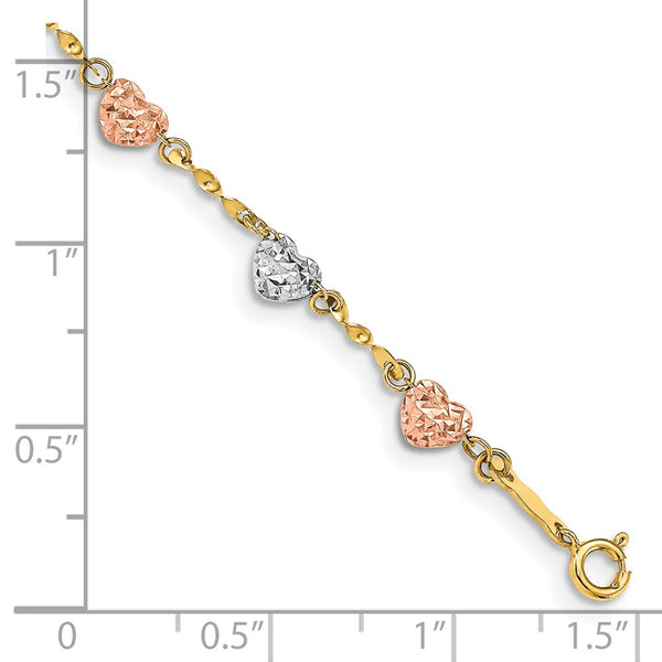 14KT Gold Tri-Color 7-inch 4MM Fancy Diamond-cut Heart Bracelet