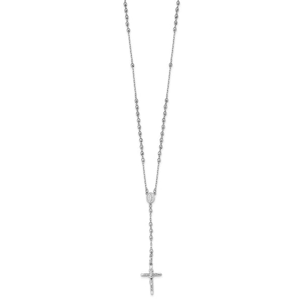 14KT White Gold 24-inch Lobster Clasp Diamond-cut Beaded Rosary Necklace