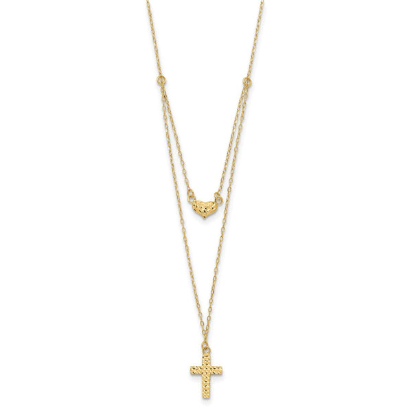 14KT Yellow Gold 16-inch+2-inch Double Strand Cross Heart Necklace