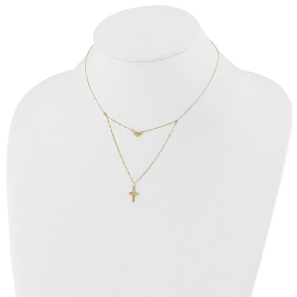 14KT Yellow Gold 16-inch+2-inch Double Strand Cross Heart Necklace