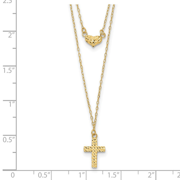 14KT Yellow Gold 16-inch+2-inch Double Strand Cross Heart Necklace