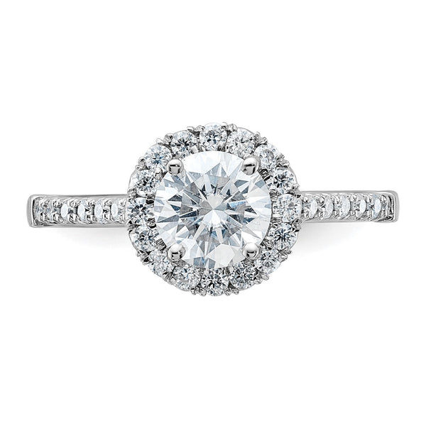 6.5MM Round Moissanite Halo Engagement Ring in 14KT White Gold. Size 7