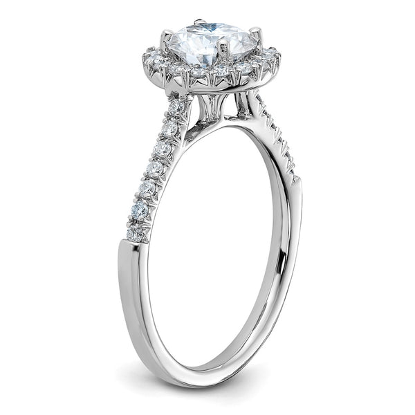 6.5MM Round Moissanite Halo Engagement Ring in 14KT White Gold. Size 7