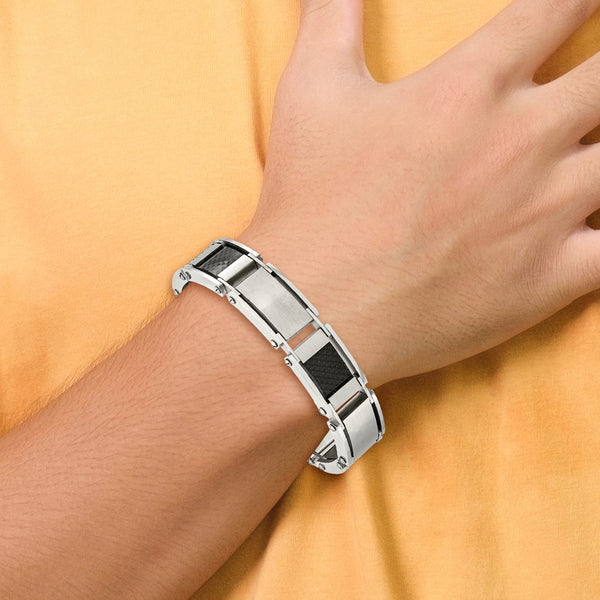 Stainless Steel Brushed & Polished Black Carbon Fiber Inlay Bracelet