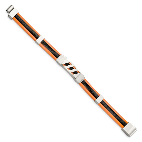 Stainless Steel Black and Orange Rubber 8in Bracelet