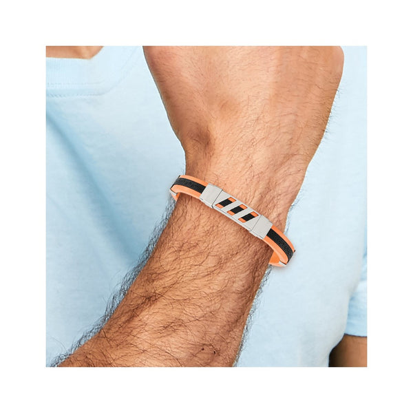 Stainless Steel Black and Orange Rubber 8in Bracelet