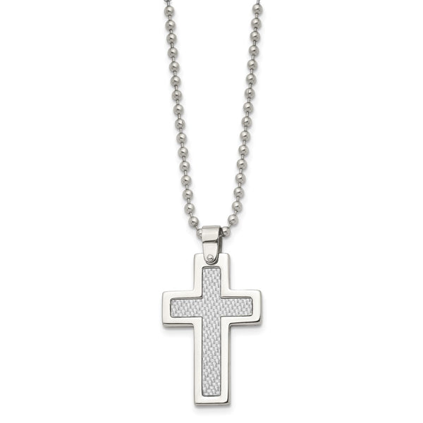 Stainless Steel Polished w/Grey Carbon Fiber Inlay Cross 22in Necklace
