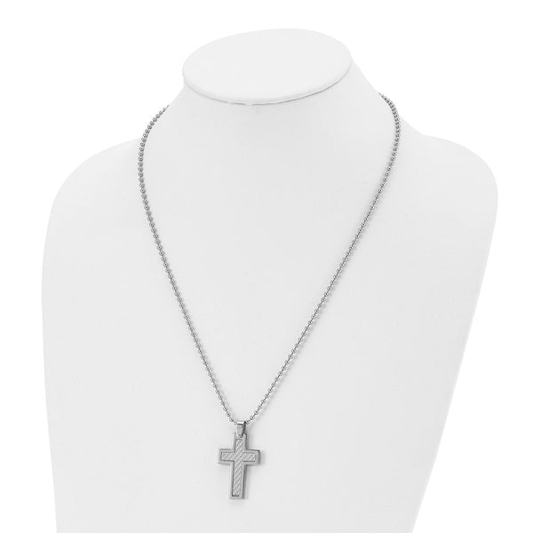 Stainless Steel Polished w/Grey Carbon Fiber Inlay Cross 22in Necklace