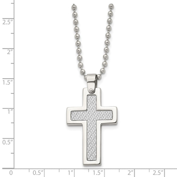 Stainless Steel Polished w/Grey Carbon Fiber Inlay Cross 22in Necklace