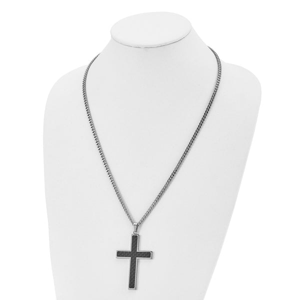 Stainless Steel Polished w/Black Carbon Fiber Cross 24in Necklace