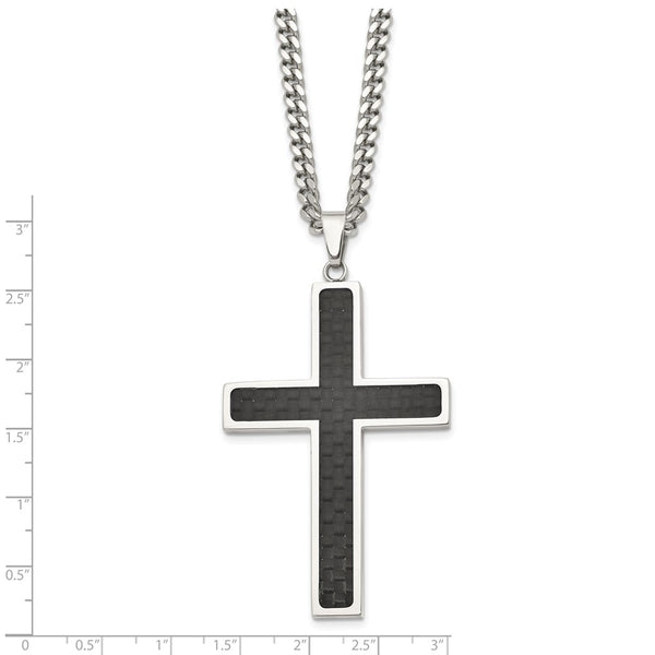 Stainless Steel Polished w/Black Carbon Fiber Cross 24in Necklace