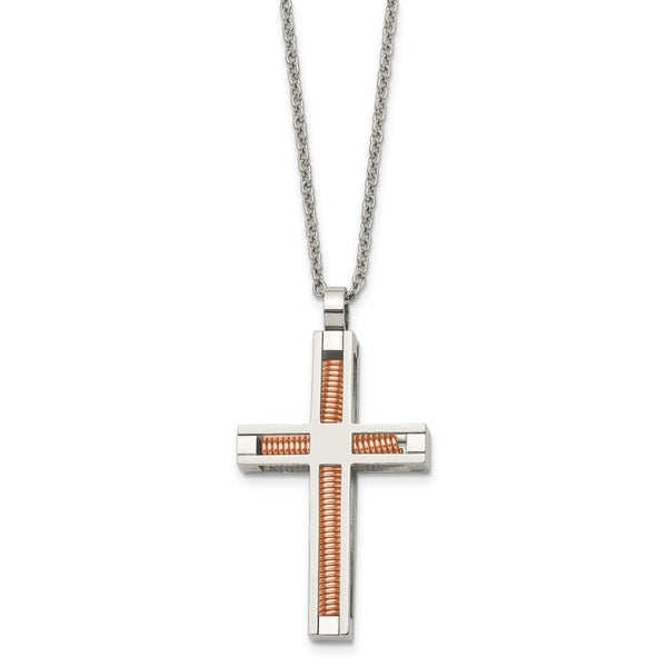Stainless Steel Polished & Pink IP-plated Cross Necklace