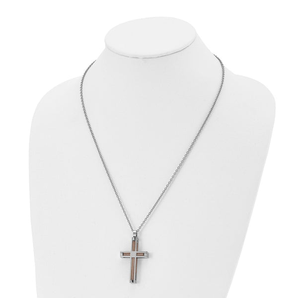 Stainless Steel Polished & Pink IP-plated Cross Necklace