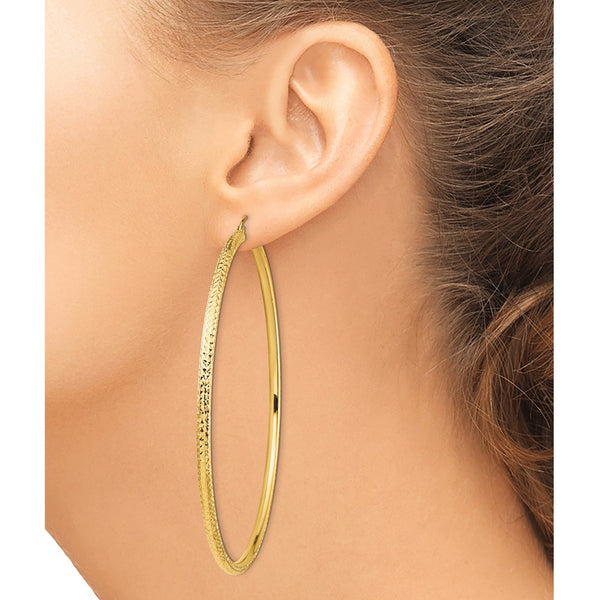 14KT Yellow Gold 80X3MM Diamond-cut Hoop Earrings