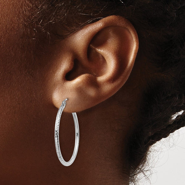 14KT White Gold 30X2MM Diamond-cut Hoop Earrings