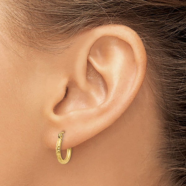 14KT Yellow Gold 13X2MM Diamond-cut Hoop Earrings
