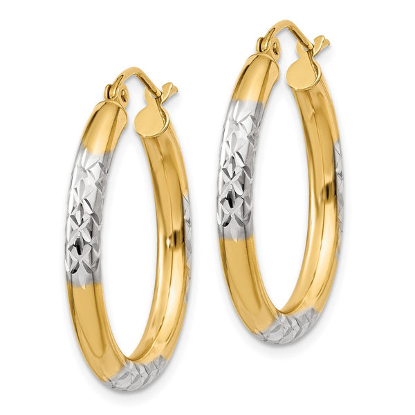 14KT Yellow Gold With Rhodium Plating 25X3MM Diamond-cut Hoop Earrings