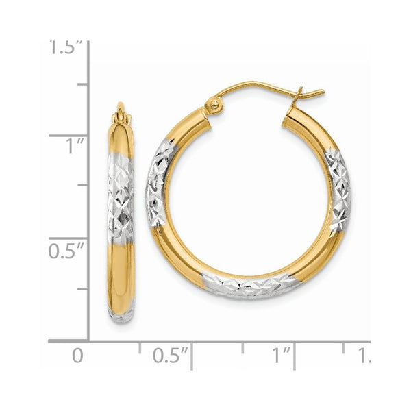14KT Yellow Gold With Rhodium Plating 25X3MM Diamond-cut Hoop Earrings