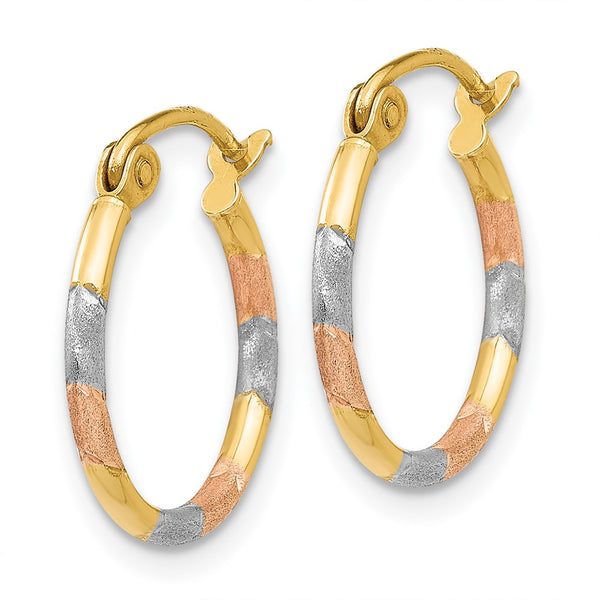 14KT Gold Tri-Color 14X1.5MM Diamond-cut Hoop Earrings