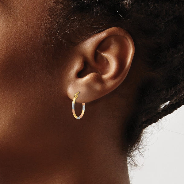 14KT Gold Tri-Color 14X1.5MM Diamond-cut Hoop Earrings