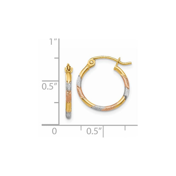 14KT Gold Tri-Color 14X1.5MM Diamond-cut Hoop Earrings