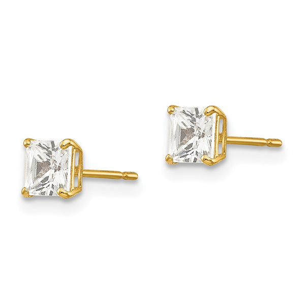 14KT Yellow Gold 4MM Square Cubic Zirconia Stud Earrings