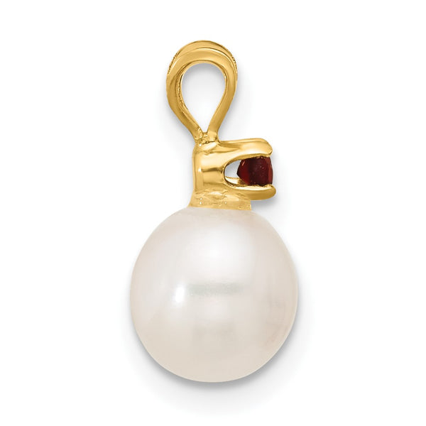 7MM Round Pearl and Garnet Pendant in 14KT Yellow Gold. Chain not Included