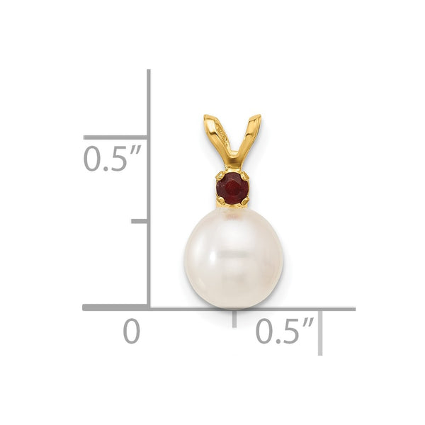 7MM Round Pearl and Garnet Pendant in 14KT Yellow Gold. Chain not Included