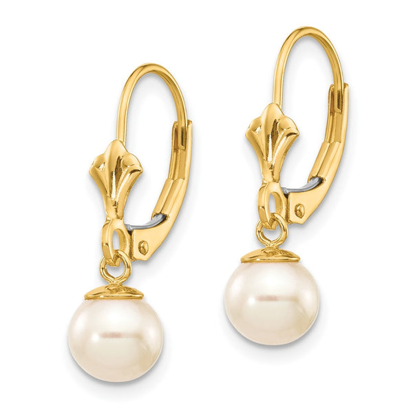 6MM Round Pearl Leverback Earrings in 14KT Yellow Gold