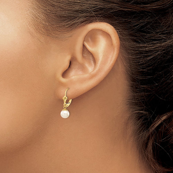 6MM Round Pearl Leverback Earrings in 14KT Yellow Gold