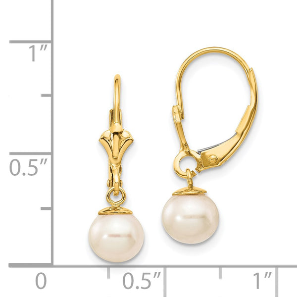 6MM Round Pearl Leverback Earrings in 14KT Yellow Gold