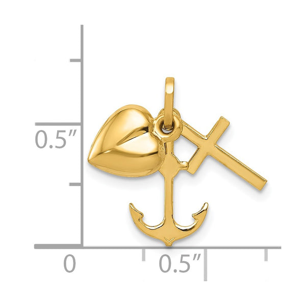 14KT Yellow Gold 17X20MM Heart Cross Anchor Pendant. Chain Not Included