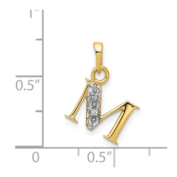 14KT Gold & Rhodium Polished .01ct Natural Diamond Initial M Charm Pendant. Chain not Included.