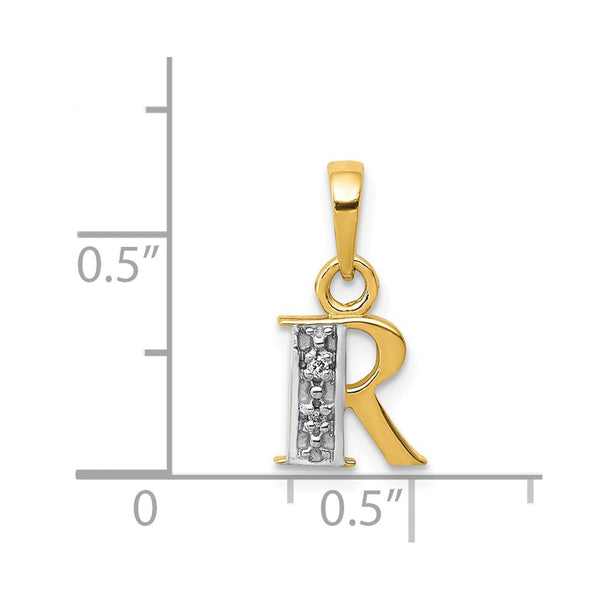 14KT Yellow Gold With Rhodium Plating 1/100 CTW 15X8MM Initial Pendant. Initial R. Chain not Included