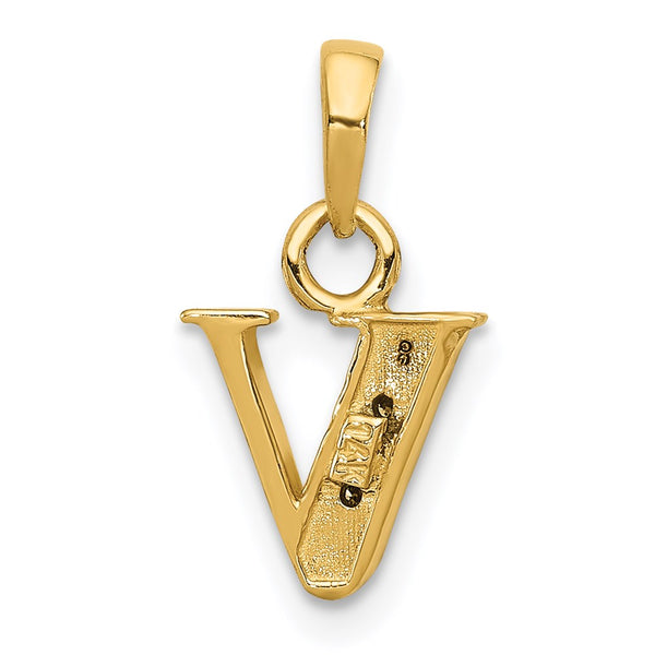 14KT Yellow Gold With Rhodium Plating 1/100 CTW 15X8MM Initial Pendant. Initial V. Chain not Included