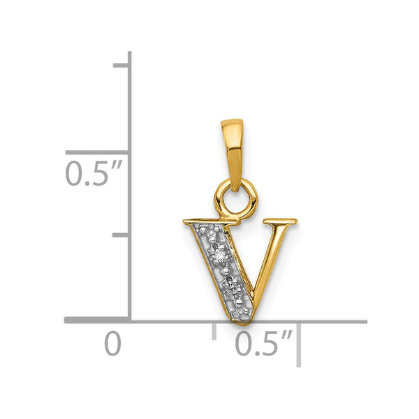 14KT Yellow Gold With Rhodium Plating 1/100 CTW 15X8MM Initial Pendant. Initial V. Chain not Included