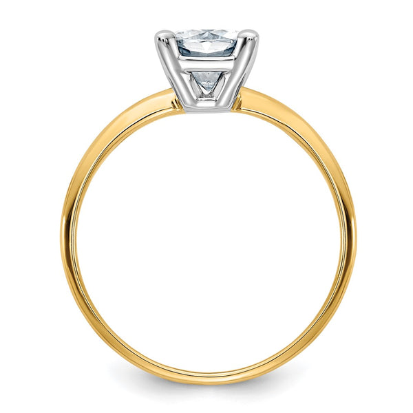 6MM Cushion Moissanite Solitaire Engagement Ring in 14KT Yellow Gold. Size 7
