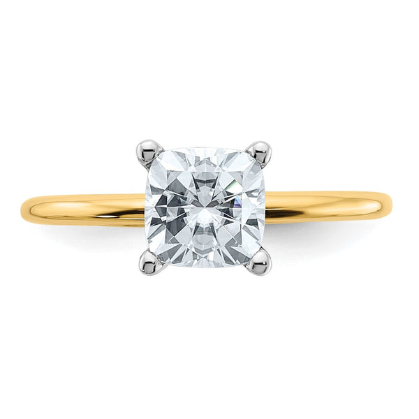 6MM Cushion Moissanite Solitaire Engagement Ring in 14KT Yellow Gold. Size 7