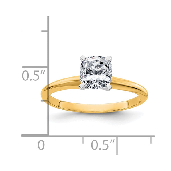 6MM Cushion Moissanite Solitaire Engagement Ring in 14KT Yellow Gold. Size 6
