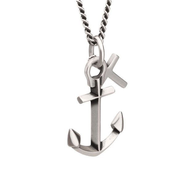 Inox Sterling Silver Oxidized 22-inch Anchor and Cross Pendant
