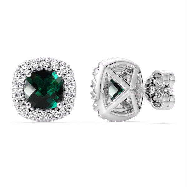 5MM Cushion Emerald and White Sapphire Birthstone Halo Stud Earrings in Sterling Silver