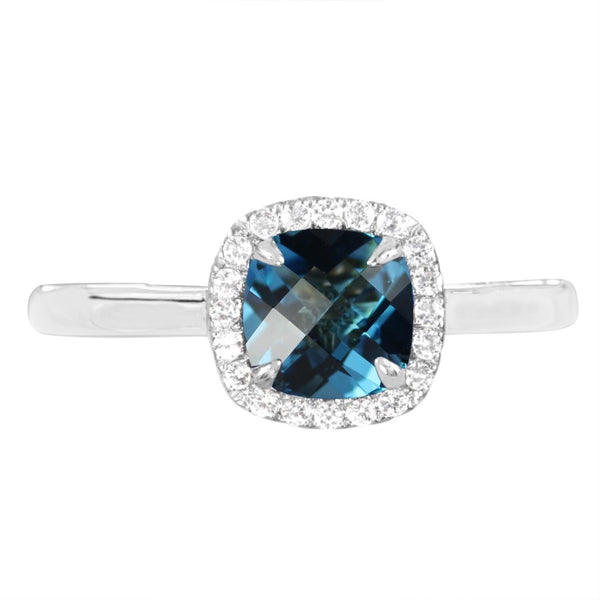 6MM Cushion Swiss Blue Topaz and White Sapphire Birthstone Halo Ring in Sterling Silver