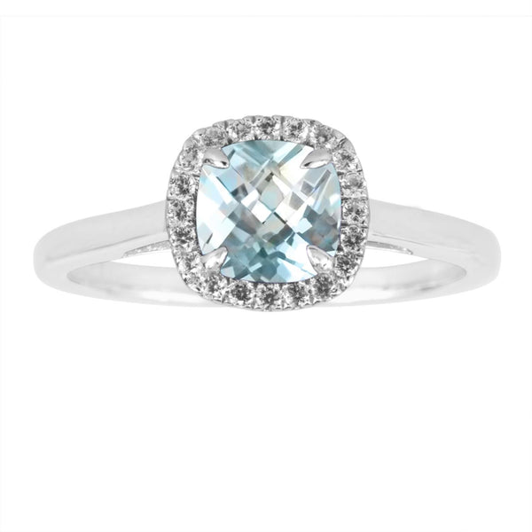 6MM Cushion Aquamarine and White Sapphire Birthstone Halo Ring in Sterling Silver