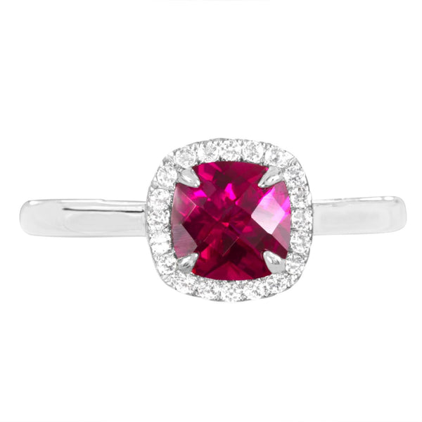 6MM Cushion Ruby and White Sapphire Birthstone Halo Ring in Sterling Silver