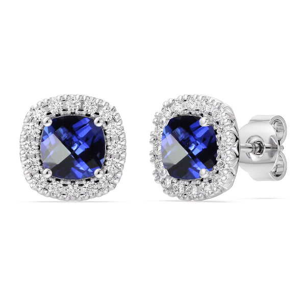5MM Cushion Blue Sapphire and White Sapphire Birthstone Halo Stud Earrings in Sterling Silver