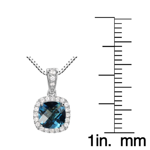 6MM Cushion Swiss Blue Topaz and White Sapphire Birthstone Halo 18-inch Pendant in Sterling Silver
