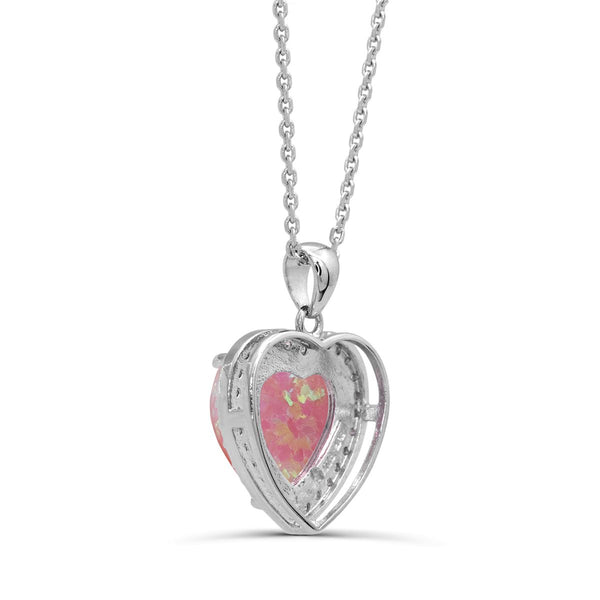 Heart Shaped Created Opal and White Sapphire Halo 18-inch Pendant in Sterling Silver